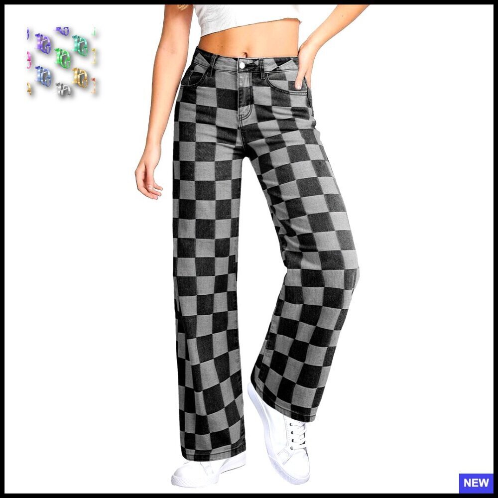 Wide Leg Checkered Jeans High Waisted Stretchy Straight Leg Denim Pants Chic